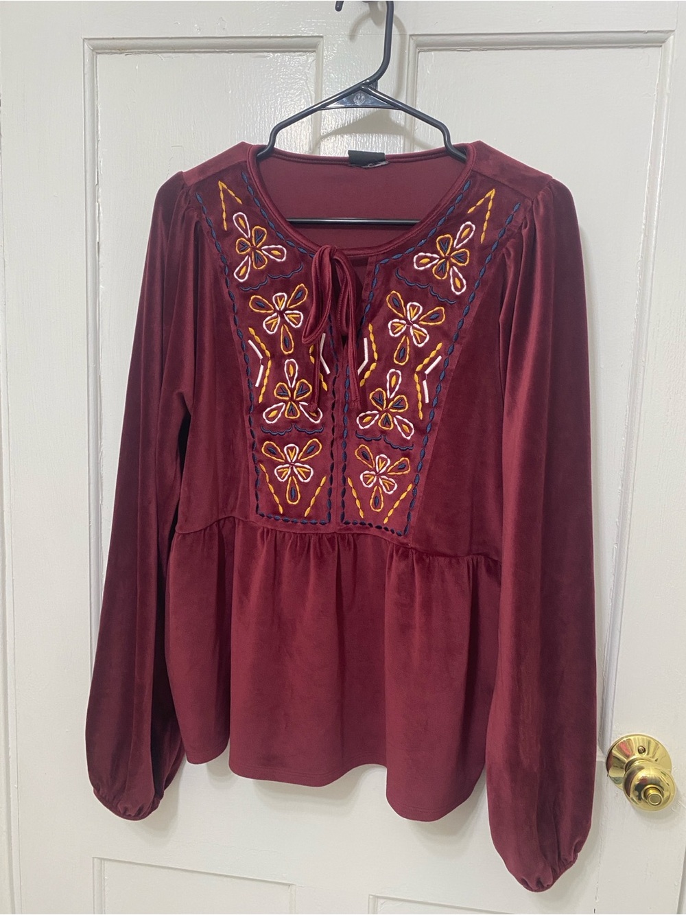 Embroidered Peasant Blouse - Burgundy